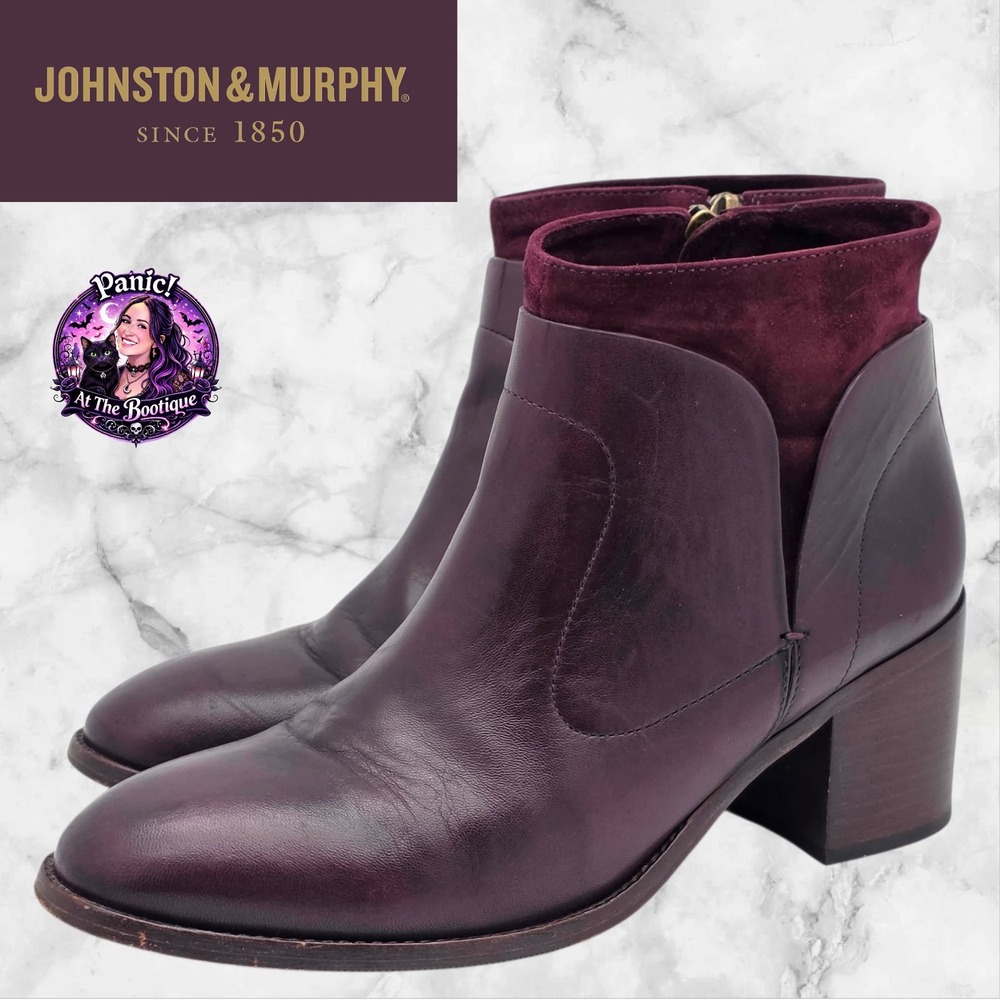 Johnston‎ & Murphy Ankle Boots Womens 9.5 Burgundy Leather Suede Block Heel Zip